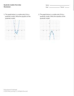 Define quadratic models from data worksheet preview
