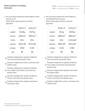 Define quantities for modeling worksheet preview