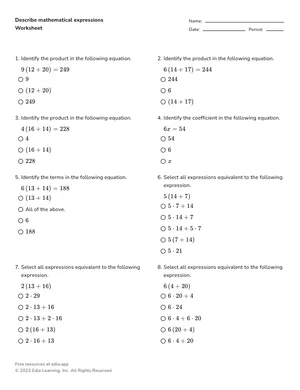 Describe mathematical expressions worksheet preview
