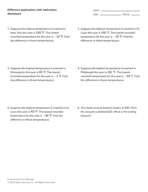 Difference applications with subtraction worksheet preview
