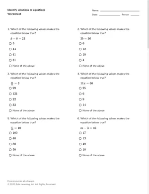 Identify solutions to equations worksheet preview