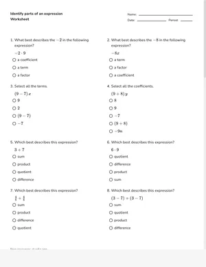 Identify parts of an expression worksheet preview