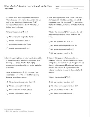 Relate a function's domain or range to its graph word problems worksheet preview
