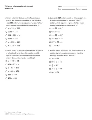 Write and solve equations in context worksheet preview