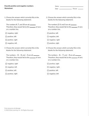 Classify positive and negative numbers worksheet preview