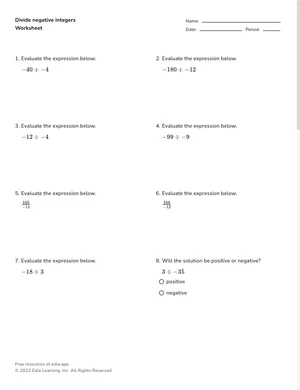 Divide negative integers worksheet preview