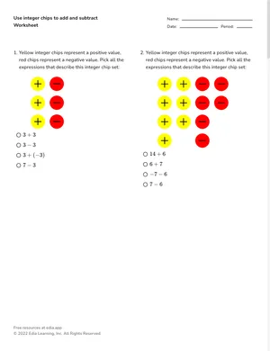 Use integer chips to add and subtract worksheet preview