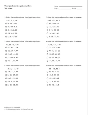 Order positive and negative numbers worksheet preview