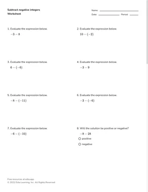 Subtract negative integers worksheet preview
