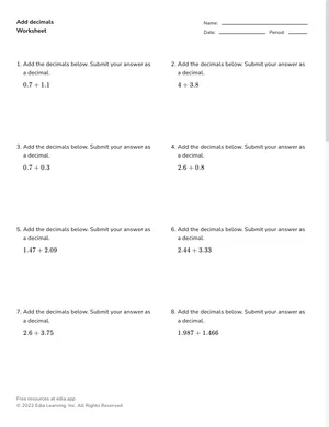 Add decimals worksheet preview