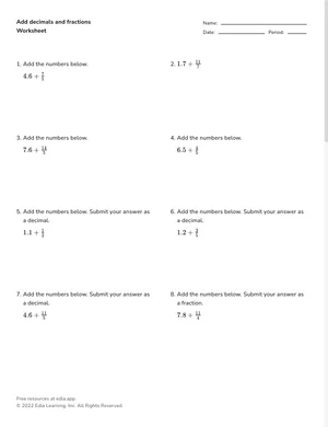Add decimals and fractions worksheet preview