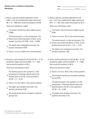 Analyze errors in decimal computation worksheet preview