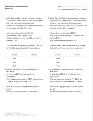 Solve decimal word problems worksheet preview