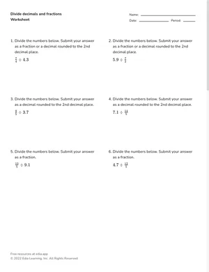 Divide decimals and fractions worksheet preview