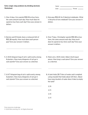 Solve single-step problems by dividing decimals worksheet preview