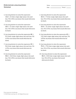 Divide decimals using long division worksheet preview