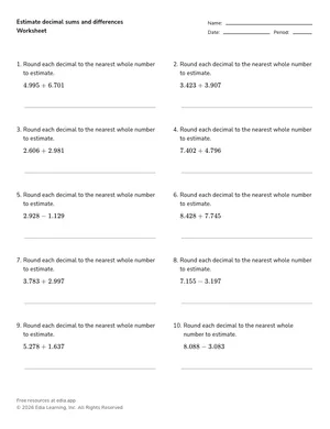 Estimate decimal sums and differences worksheet preview