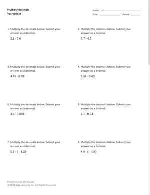 Multiply decimals worksheet preview