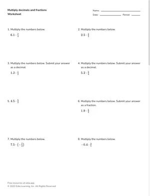Multiply decimals and fractions worksheet preview