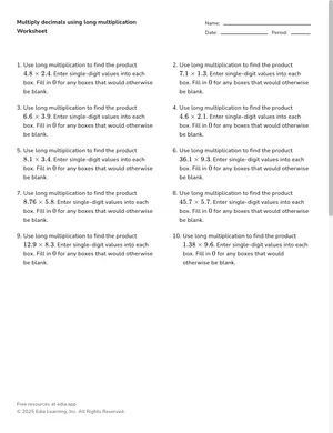 Multiply decimals using long multiplication worksheet preview