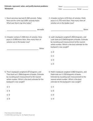 Estimate, represent, solve, and justify decimal problems worksheet preview
