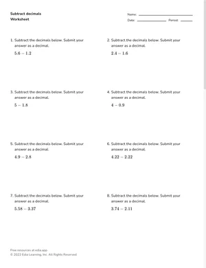Subtract decimals worksheet preview