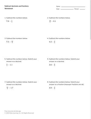 Subtract decimals and fractions worksheet preview