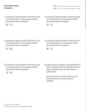 Add mixed numbers worksheet preview