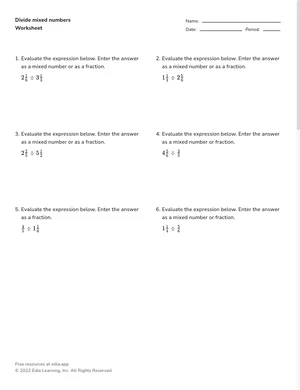 Divide mixed numbers worksheet preview