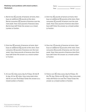 Multistep word problems with mixed numbers worksheet preview