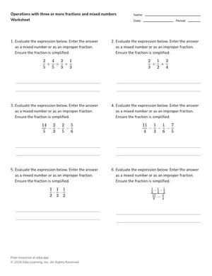 Operations with three or more fractions and mixed numbers worksheet preview