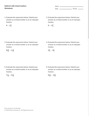 Subtract with mixed numbers worksheet preview