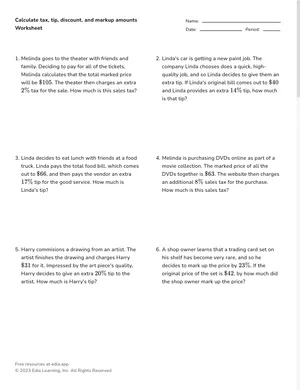 Calculate tax, tip, discount, markup, and commission amounts worksheet preview