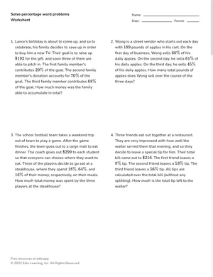 Solve percentage word problems worksheet preview