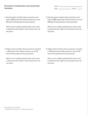 Find dimensions from area and perimeter worksheet preview
