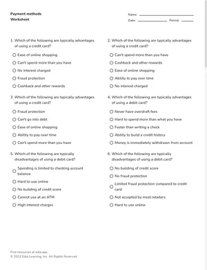 Compare payment methods worksheet preview