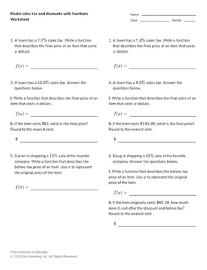 Model sales tax and discounts with functions worksheet preview