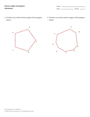 Find interior-angle sums and measures worksheet preview