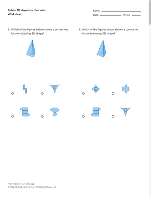 Match three-dimensional shapes to nets worksheet preview