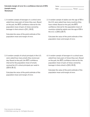Calculate margin of error for a confidence interval of 95% (sample mean) worksheet preview
