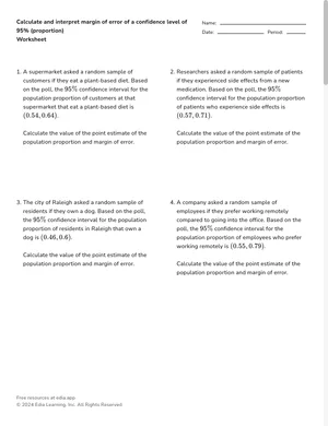 Calculate and interpret margin of error of a confidence level of 95% (proportion) worksheet preview