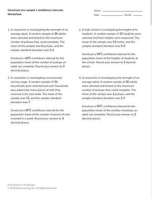 Construct one sample t confidence intervals worksheet preview