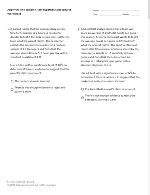 Apply the one sample t-test hypothesis procedures worksheet preview