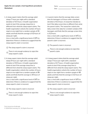 Apply the one sample z-test hypothesis procedures worksheet preview