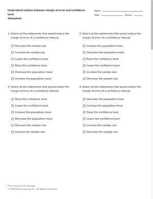 Understand relation between margin of error and confidence level worksheet preview