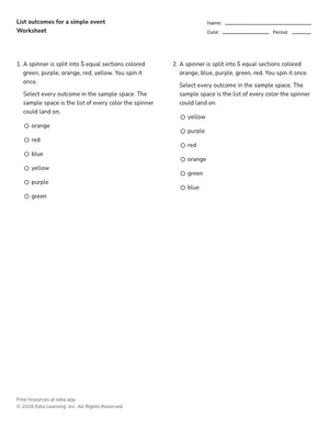 List outcomes for a simple event worksheet preview
