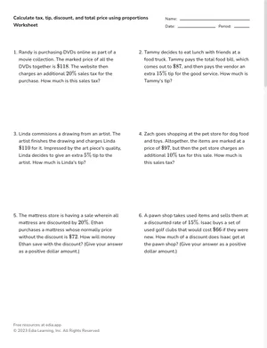 Calculate tax, tip, discount, and total price using proportions worksheet preview