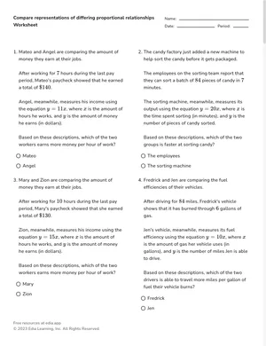 Compare representations of differing proportional relationships worksheet preview