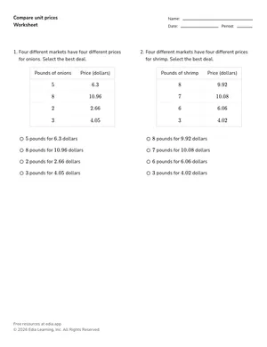 Compare unit prices worksheet preview