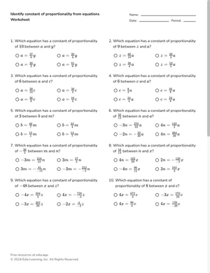 Identify constant of proportionality from equations worksheet preview